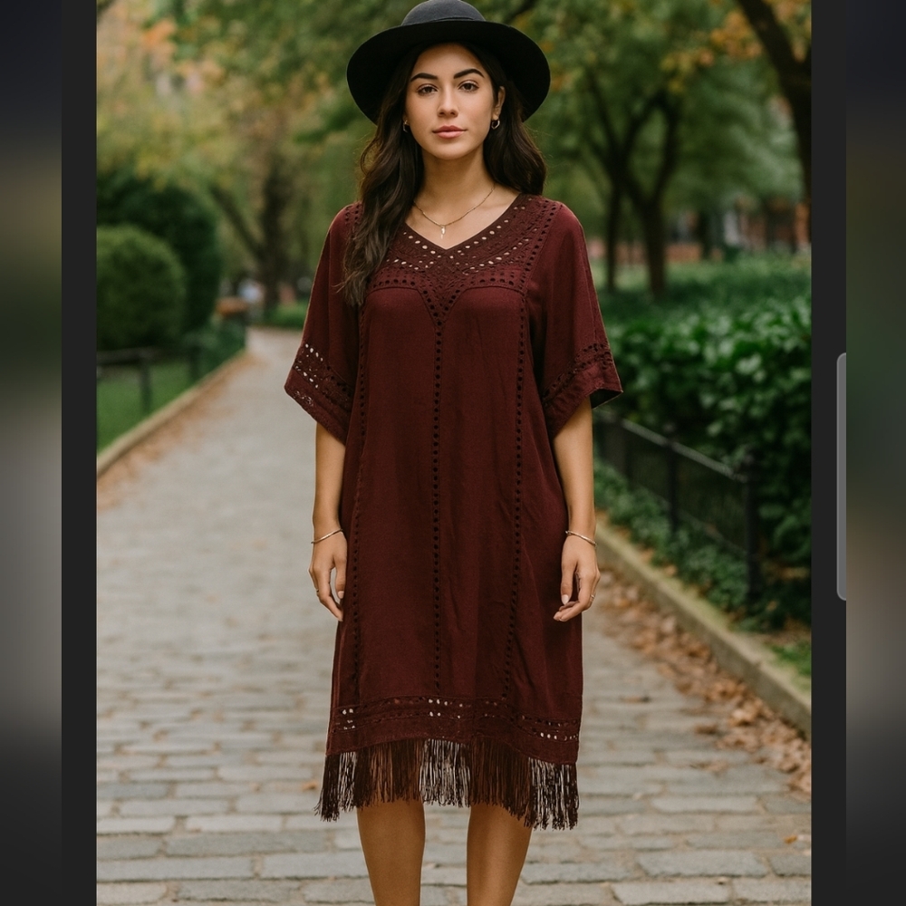 Isabel Marant Etoile Enery Cutout Fringe-Trimmed Dress red / burgandy me…